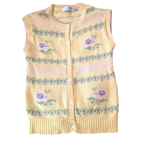 Vintage Women's Yellow Pastel‎ Floral Knit Cardigan Sweater Vest Small - Picture 1 of 5